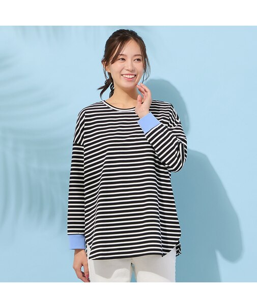 【手洗いOK・綿100％・接触冷感・紫外線防止】ラウンドヘムボーダートップ