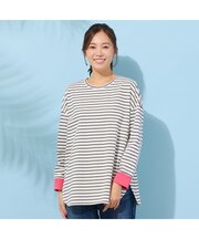 【手洗いOK・綿100％・接触冷感・紫外線防止】ラウンドヘムボーダートップ