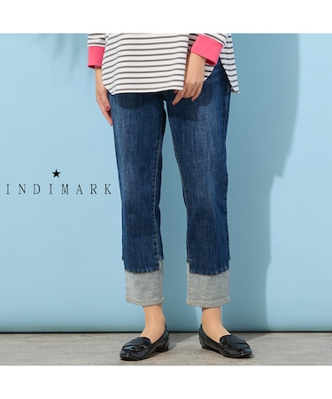 【手洗いOK・INDIMARKコラボ】デニムストレート・裾切り替えパンツ