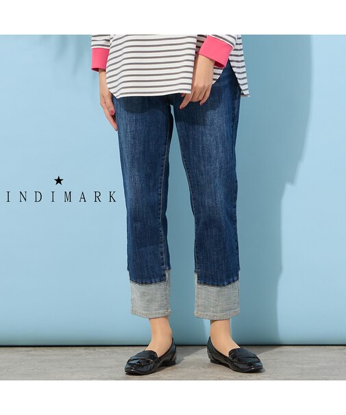 【手洗いOK・INDIMARKコラボ】デニムストレート・裾切り替えパンツ