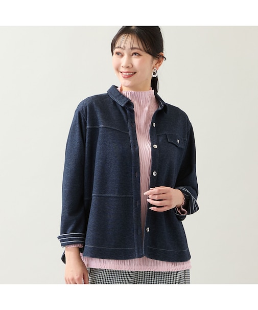 【洗える・3L/4Lサイズあり】ニットデニムシャツジャケット