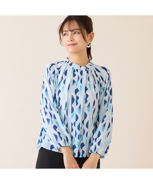 【洗える・セットアップ可】幾何柄ギャザーブラウス