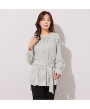 【手洗いOK】幾何柄・リボンタイ・ギャザーブラウス