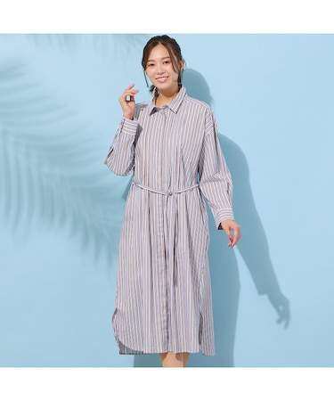 【手洗いOK】ストライプ・フロントタックシャツワンピース