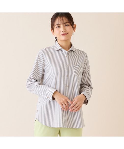 【洗える】サイドスリットストライプシャツ
