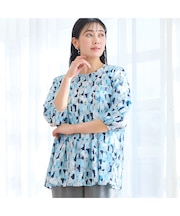 【洗える・L～3Lサイズ】幾何柄パフスリーブブラウス