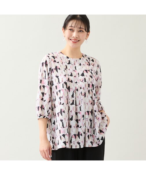 【洗える・L～3Lサイズ】幾何柄パフスリーブブラウス