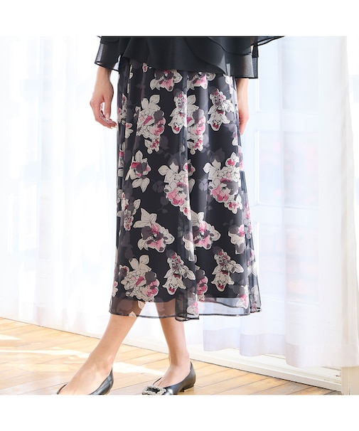 【洗える・セットアップ可・3Lサイズあり】シフォンフラワースカート