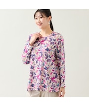 【洗える・日本製・L～3Lサイズ】テレコニットリーフ柄カットソー