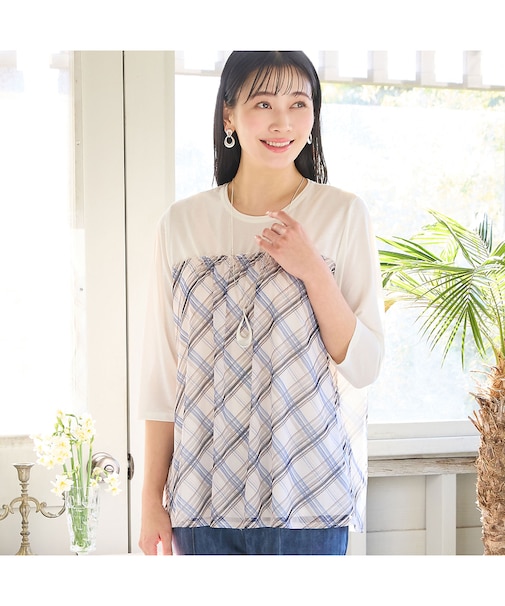 【洗える・L～4Lサイズ】チュールレイヤードトップス