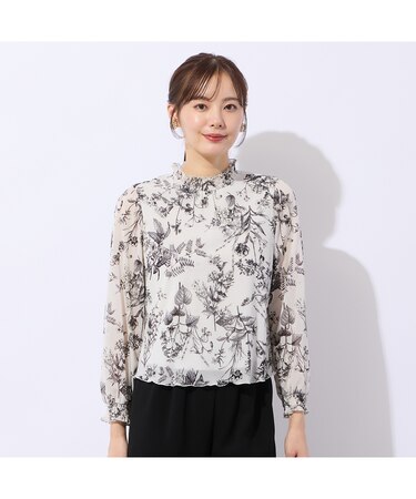 【洗える・セットアップ対応】ボタニカルプリントチュールブラウス