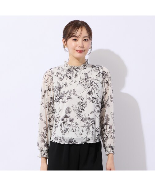 【洗える・セットアップ対応】ボタニカルプリントチュールブラウス