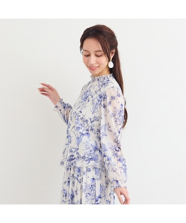 【洗える・セットアップ対応】ボタニカルプリントチュールブラウス