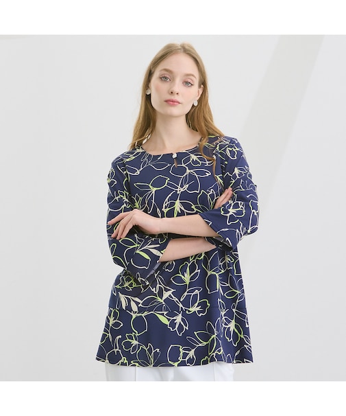 【M～4L】ラインフラワープリントTシャツ