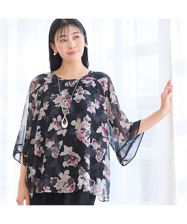 【洗える・セットアップ可・3Lサイズあり】シフォンフラワーブラウス