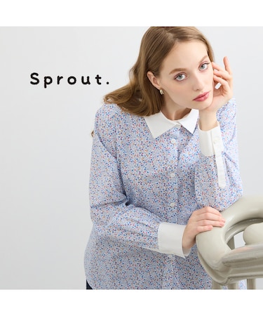 【Sprout./M~4L】イタリア製素材配色使いライン/小花プリントブラウス