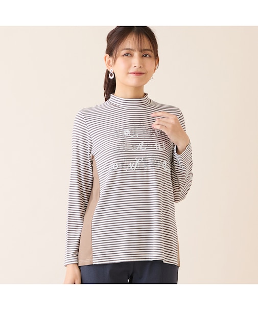 【洗える】刺繍入りボーダーカットソー