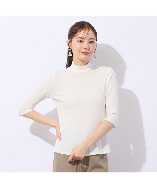 【洗える・接触冷感】綿100%ハイネック 七分袖Tシャツ