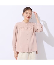 【洗える】シルキーツイルバンドカラーフレアブラウス