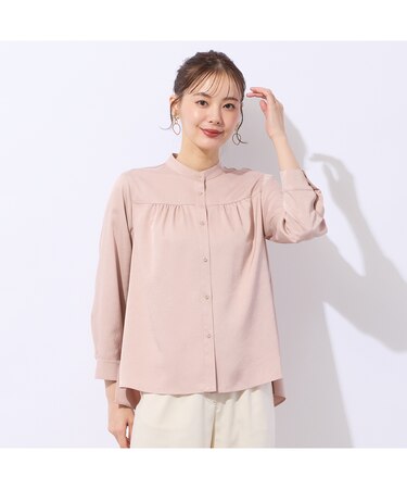 【洗える】シルキーツイルバンドカラーフレアブラウス