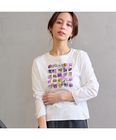 【洗える】プリント×スパンコールTシャツ