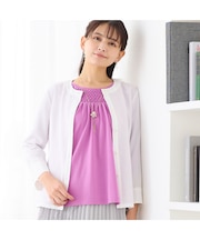 【洗える】麻混ノーカラーブラウス