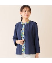 【洗える】麻混ノーカラーブラウス