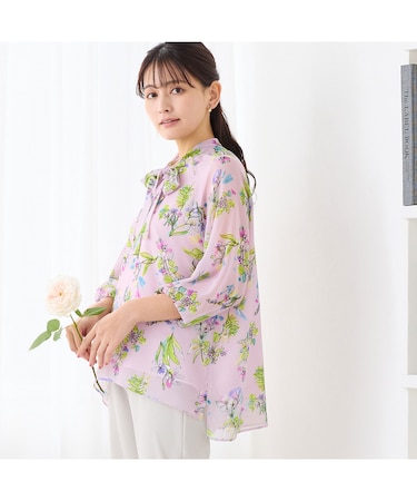 【洗える】ボウタイフラワーブラウス