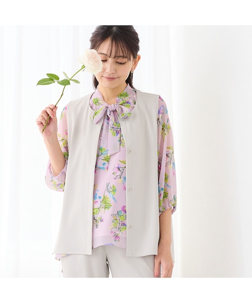 【洗える・吸水速乾・セットアップ可】ストレッチツイルノーカラージレ