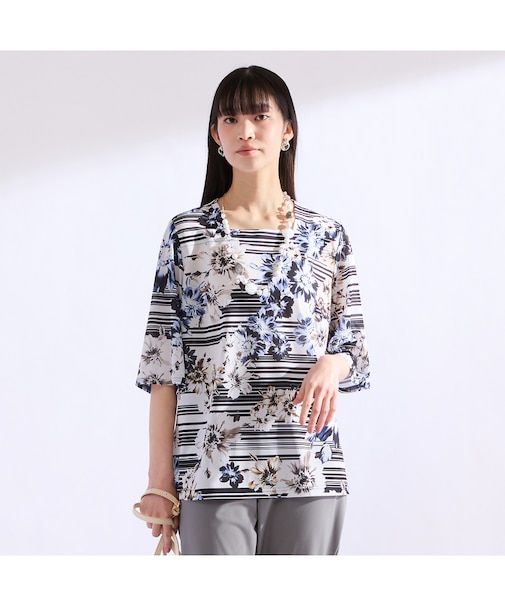 【M~4L】フラワーボーダーTシャツ