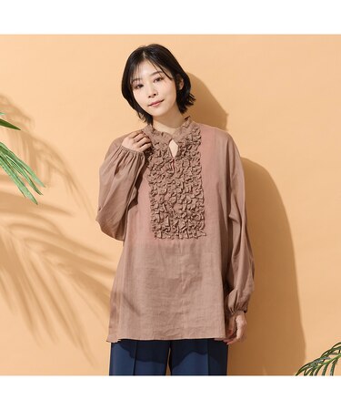 【手洗いOK】コットンリネン・フロントフリルブラウス