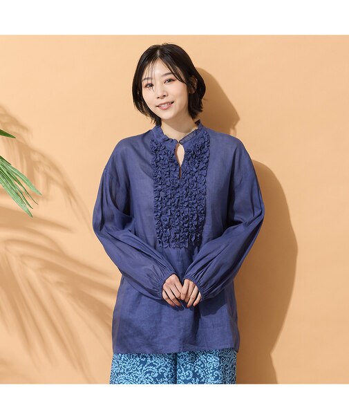 【手洗いOK】コットンリネン・フロントフリルブラウス