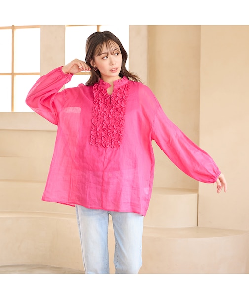 【手洗いOK】コットンリネン・フロントフリルブラウス