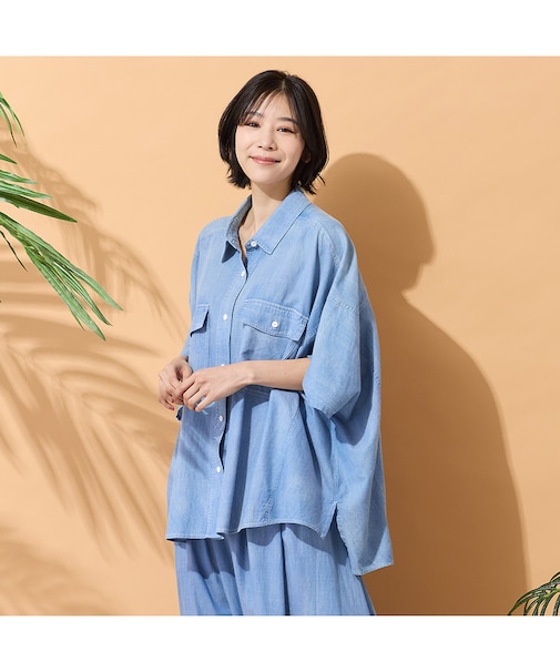 【綿100％・手洗いOK・セットアップ対応】ブラスト加工クロップトデニムシャツ