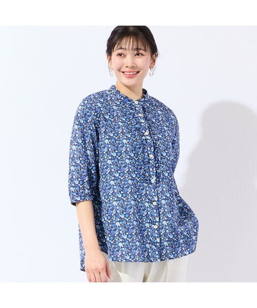 【リバティプリント・洗える・L～4Lサイズ】小花柄コットンフリルシャツ
