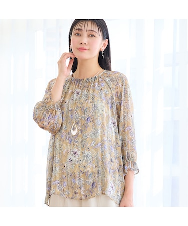 【洗える・3Lサイズあり】更紗柄ギャザーブラウス