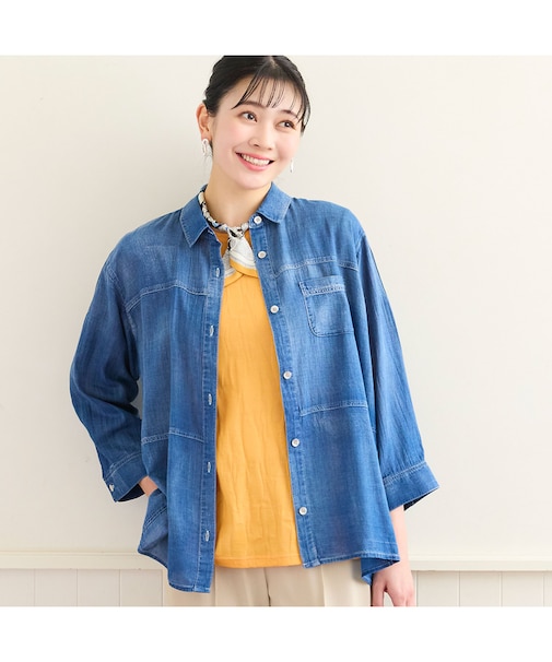 【定番人気・洗える・L～4Lサイズ】デニムガーゼAラインシャツ
