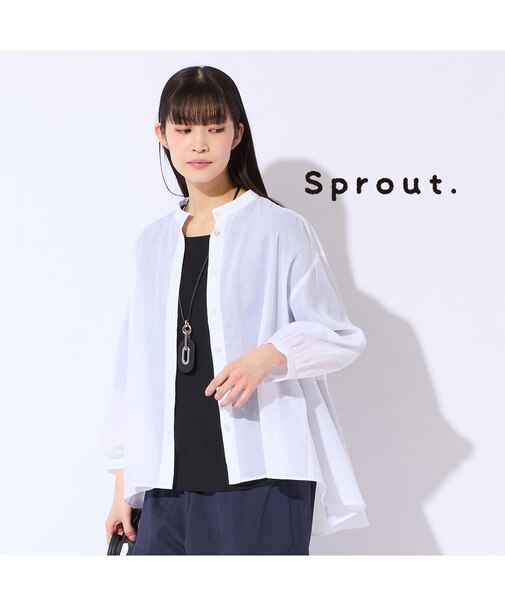 【Sprout./L～4L対応】麻混バンドカラーブラウス