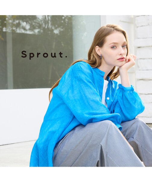 【Sprout./L～4L対応】麻混バンドカラーブラウス
