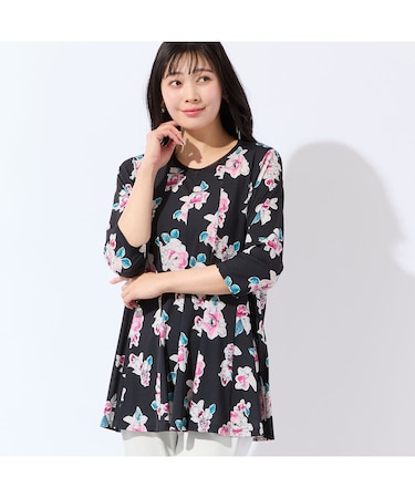 【洗える・日本製・L～4Lサイズ】フラワーフレアチュニック