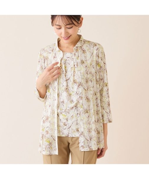【洗える・アンサンブル可】花柄チュールシャツ