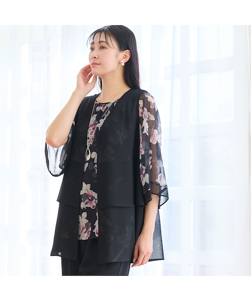 【洗える・セットアップ可・L～4Lサイズ】ジョーゼットティアードジレ