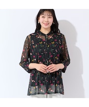 【洗える・アンサンブル可・L～4Lサイズ】ボタニカル柄チュールシャツ