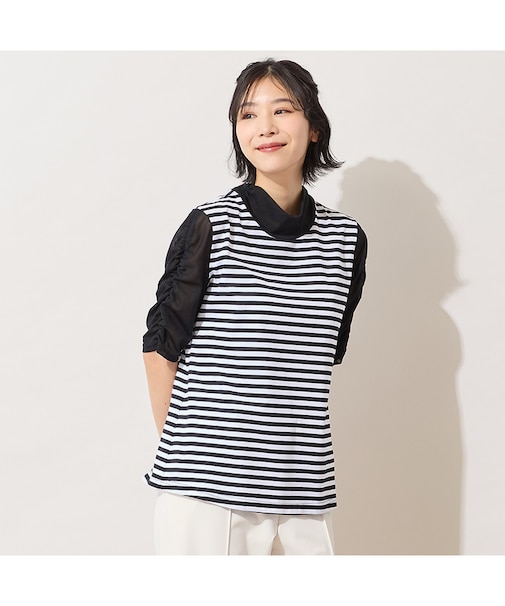 【手洗いOK】チュール配色ギャザースリーブカットソー