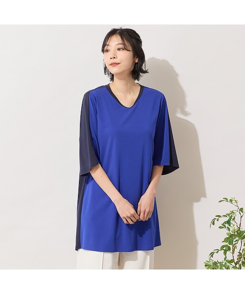 【手洗いOK・接触冷感】バイカラー切り替えVネックチュニック