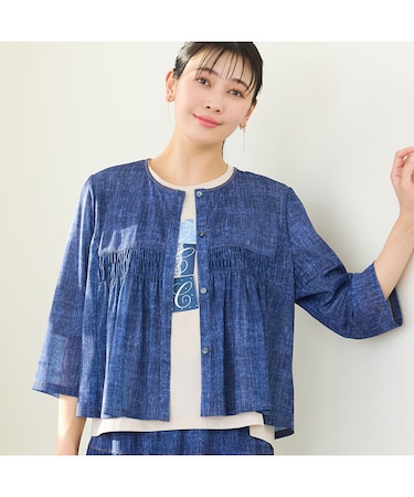 【洗える・セットアップ可・L～3Lサイズ】チュールデニムギャザーブラウス