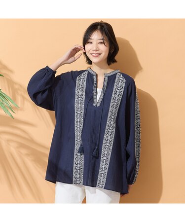 【手洗いOK・綿100％】綿楊柳刺繍ラグランスリーブブラウス