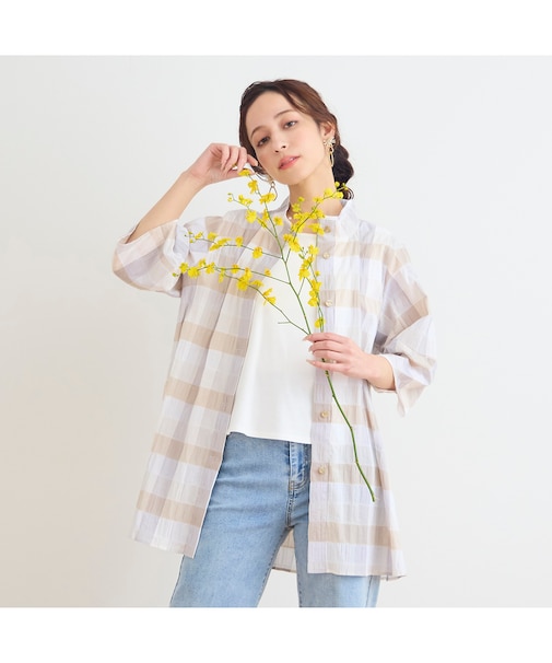 【洗える】コットンブロックチェックブラウス