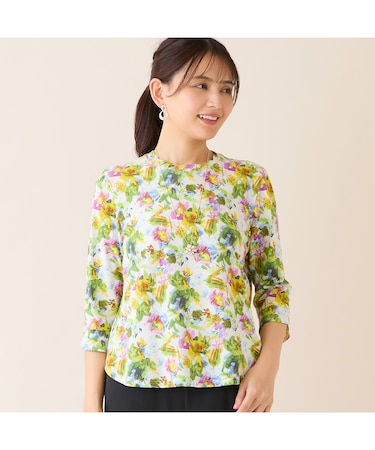 【洗える・日本製・綿100%】エレガンスフラワーコットンTシャツ