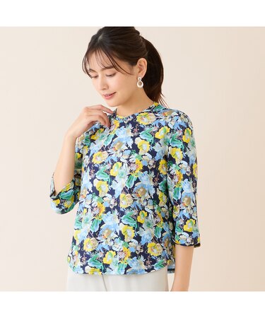 【洗える・日本製・綿100%】エレガンスフラワーコットンTシャツ